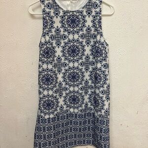Blue and White Sleeveless Patterned Dress